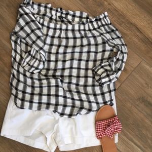 Off the shoulder buffalo plaid 3/4 sleeve